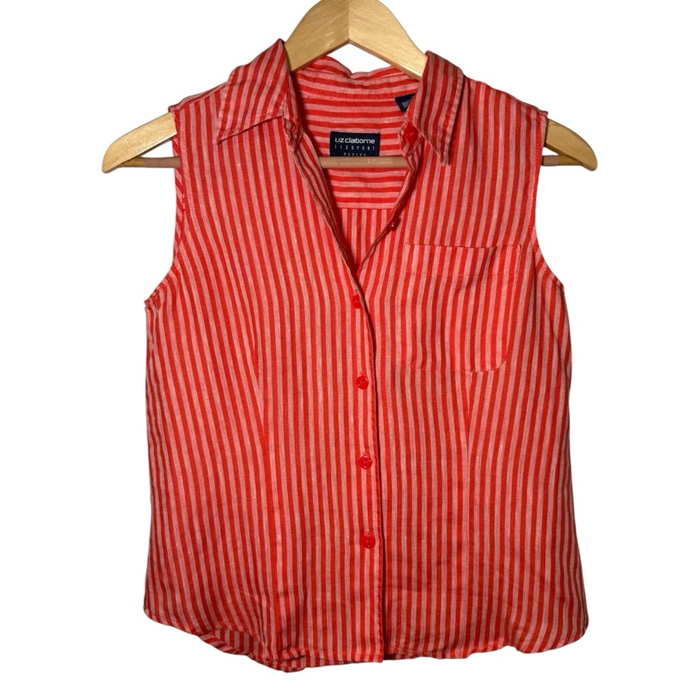 Liz Claiborne Petite Orange and White Striped Sleeveless Linen Top Size Petite